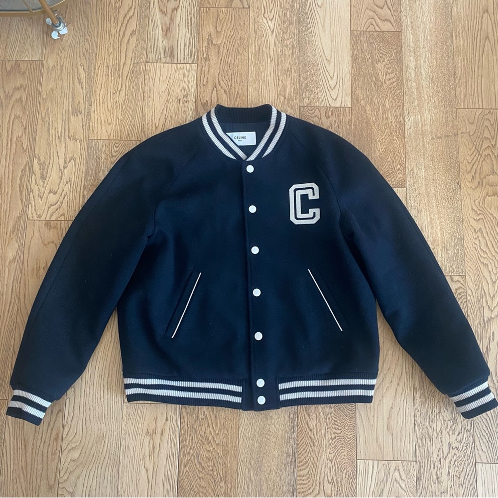 Celine Teddy Jacket Black Textured Wool Varsity Prep Embroidered Triomphe 54